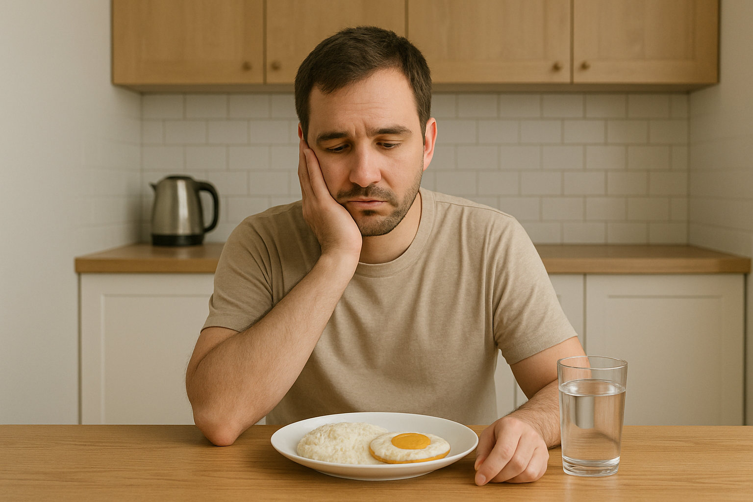Antes: homem com ovo e arroz, triste